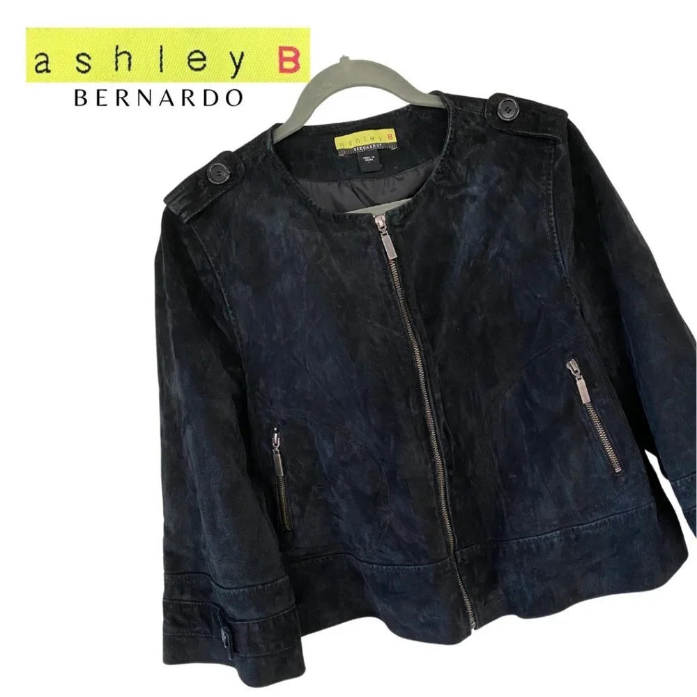 Ashley B, Bernardo, Suede Leather Wide‎ Sleeve Crop Zip Jacket, Black, Bronze